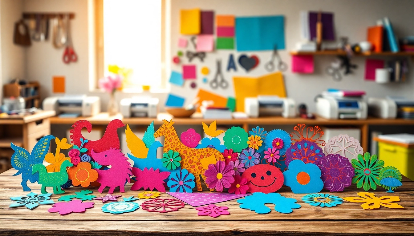 Explore creative crafting with various free svg designs displayed on a vibrant table.