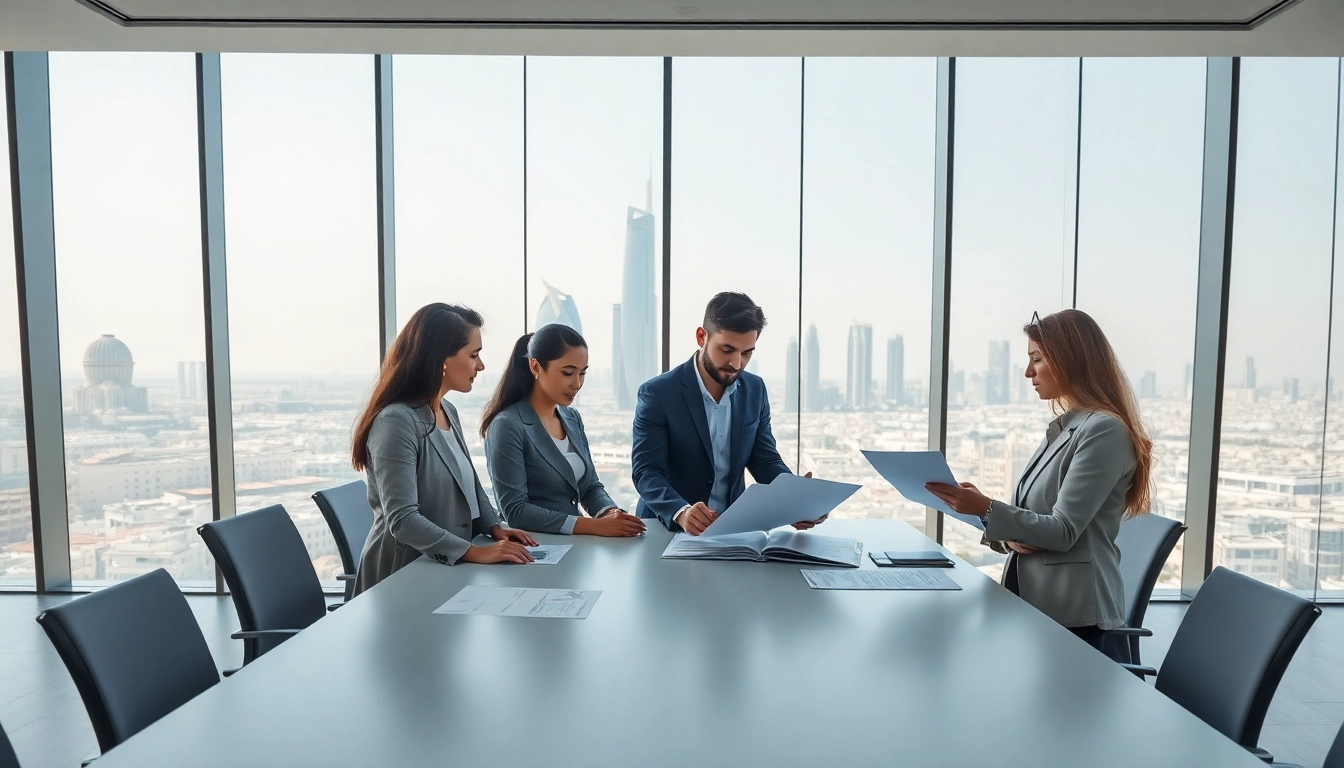 Accounting firm in Abu Dhabi team collaborating in a modern office space with skyline views.