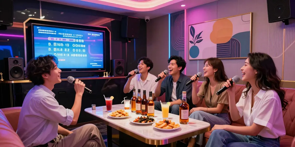 강남 가라오케에서 즐겁게 노래하는 고객과 고급 음료 및 안주가 있는 화려한 룸