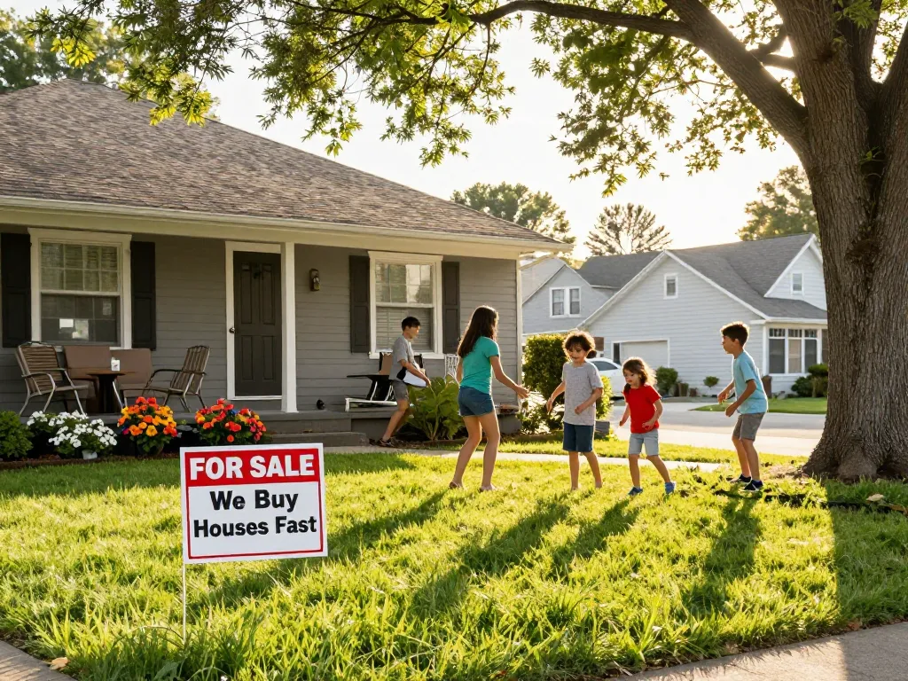We Buy Houses sign in front yard of a happy family home during golden hour.