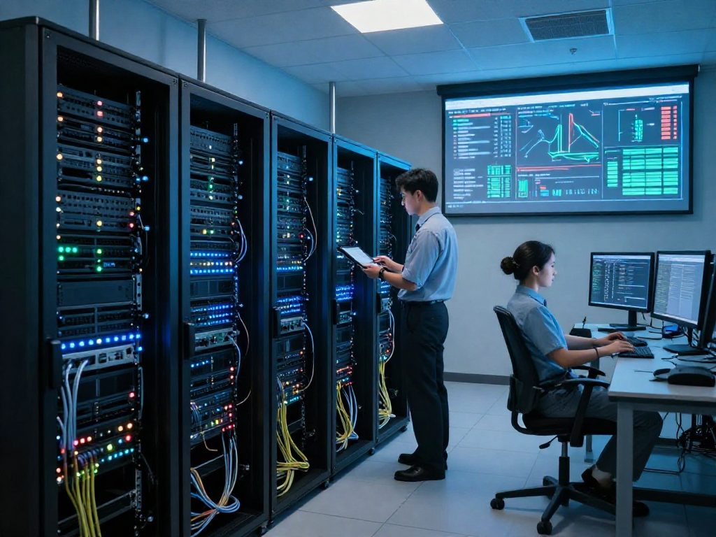 Vista de servidores dedicados en un moderno centro de datos, mostrando actividad y monitoreo.