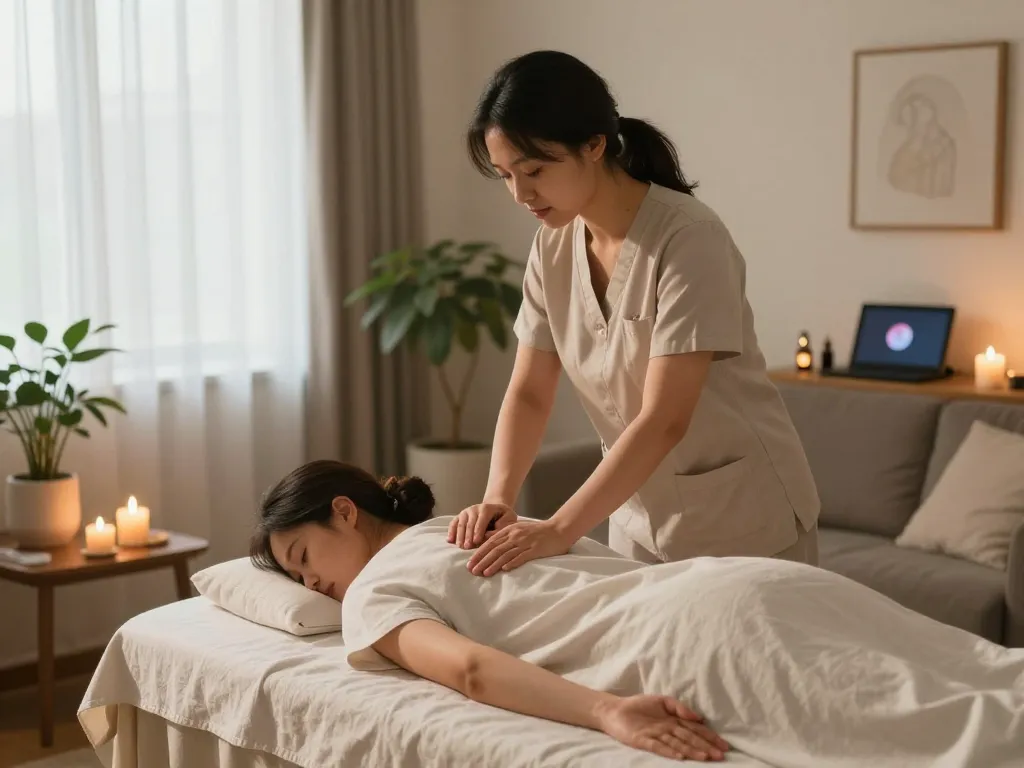 Relaxing massage session at home emphasizing the premium service of www.maxim-anma.net in a calming atmosphere.