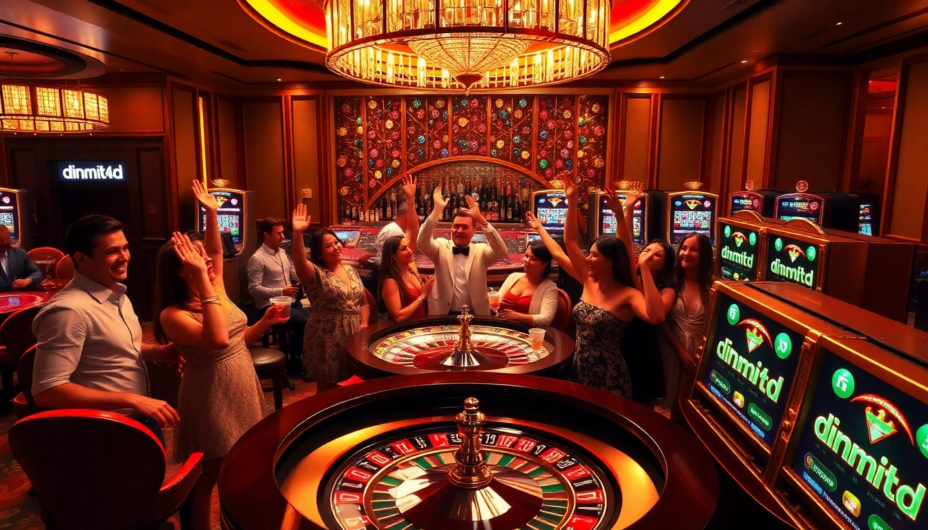 Experience the thrill of winning at dinamit4d with players celebrating at a luxurious casino.