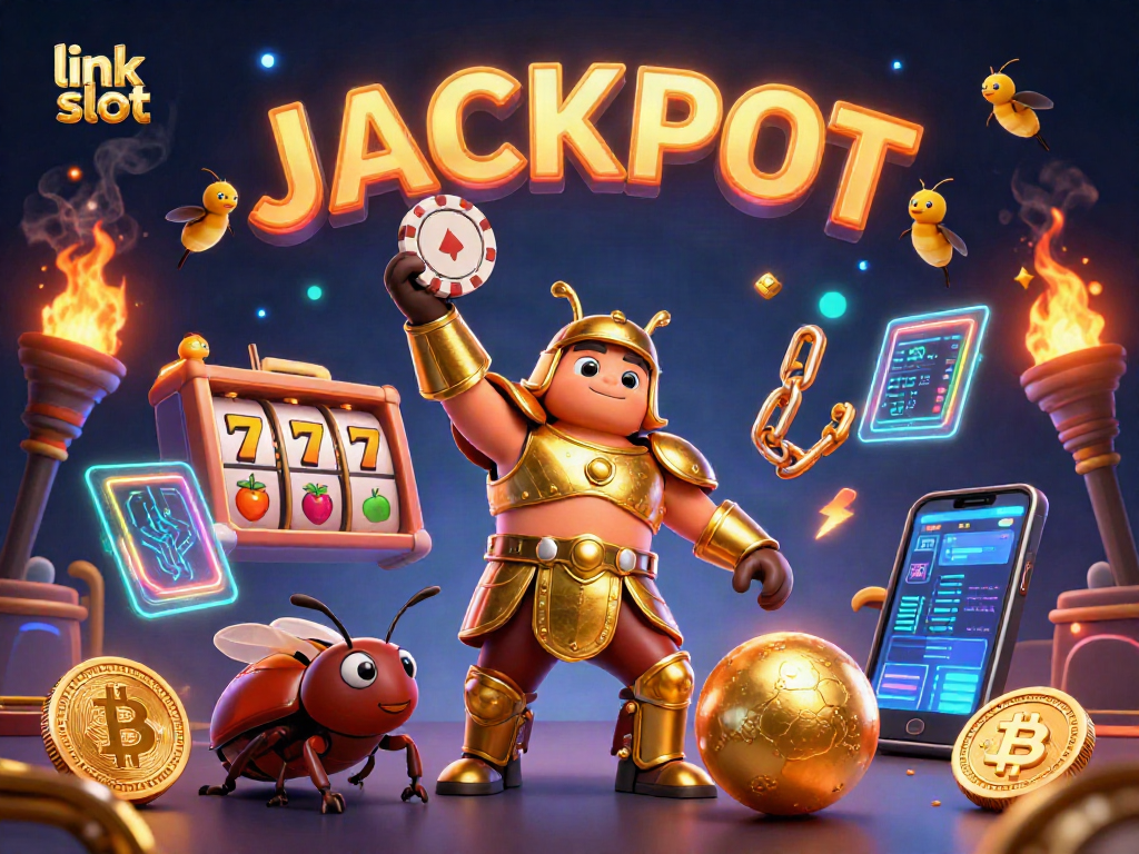 Experience the excitement of link slot with a heroic beetle in golden armor celebrating a big win.
