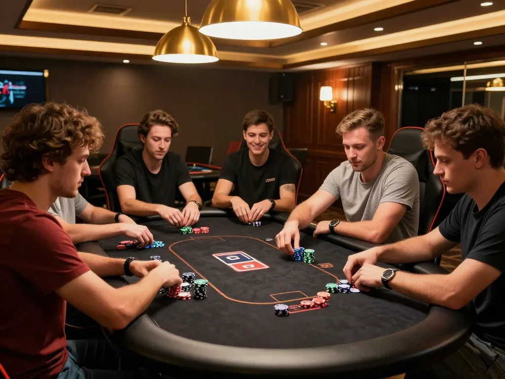 Players at rik vip poker table strategizing their hands in an upscale gaming room.