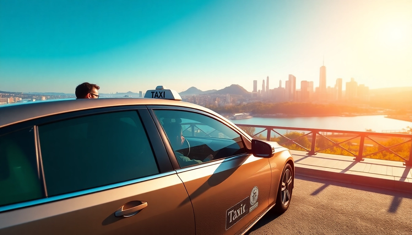 Experience reliable LONG DISTANCE TAXI TRANSFERS in a modern taxi against a vibrant city skyline.