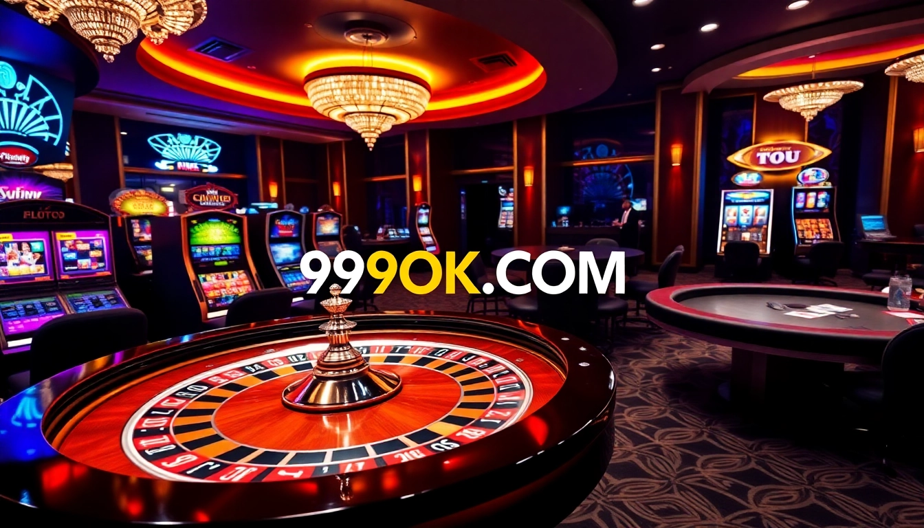 Exciting gambling scene at 99OK.COM featuring roulette, poker, and slot machines.