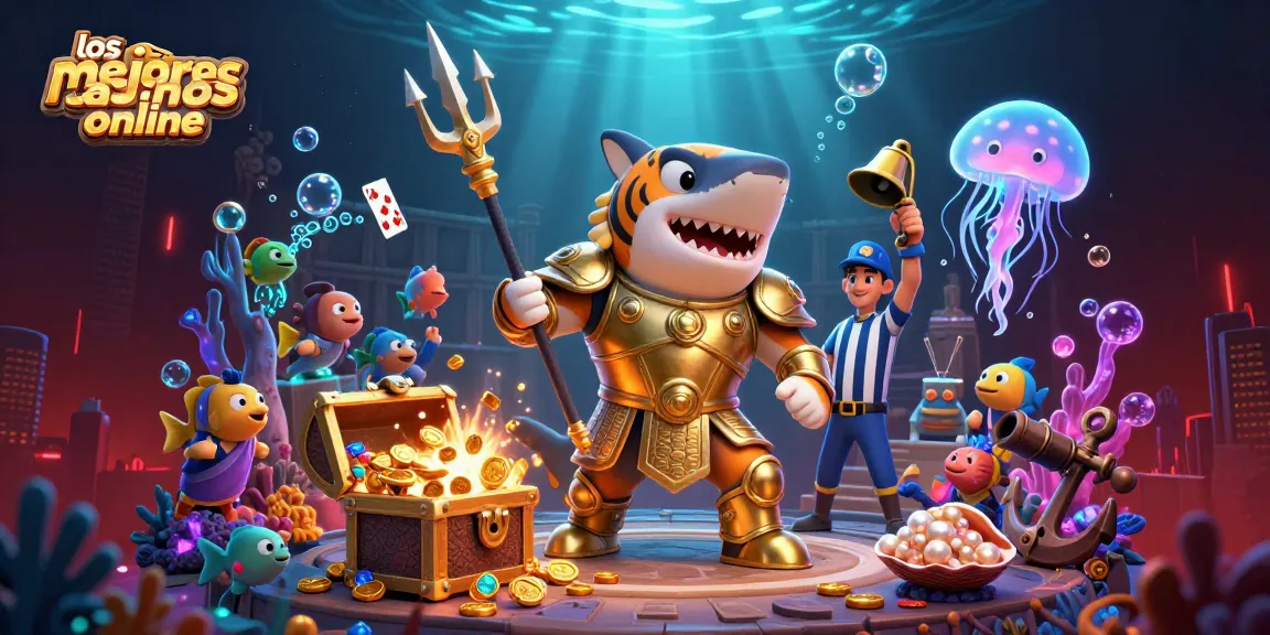 Los mejores casinos online en 2026: ilustración vibrante de un tiburón gladiador en un coliseo submarino.
