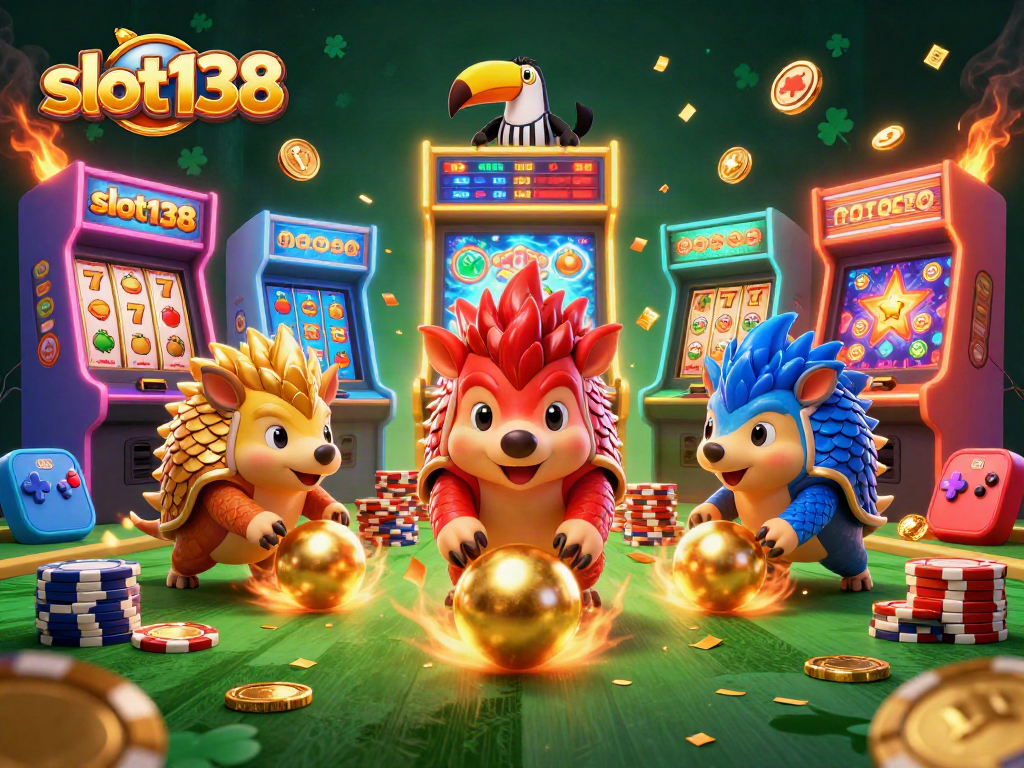 Slot138 pangolins compete in a vibrant casino scene with poker chips and slot reels.