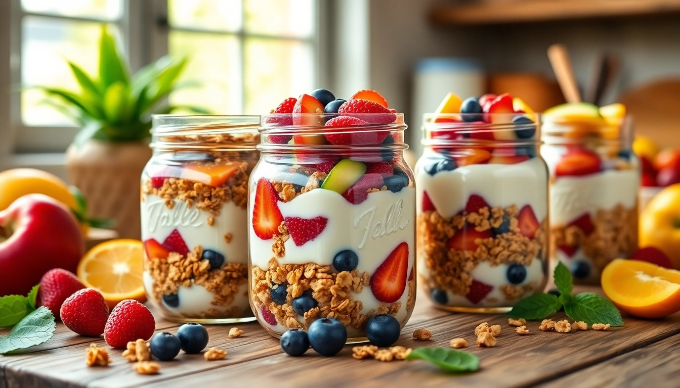 Delicious mason jar breakfast creations showcased at https://masonjarbreakfast.com with fresh fruits and yogurt.