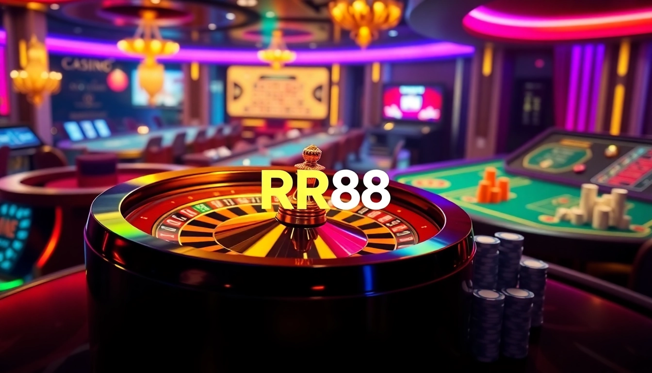 RR88 casino interface showcasing roulette, poker chips, and vibrant gameplay elements.