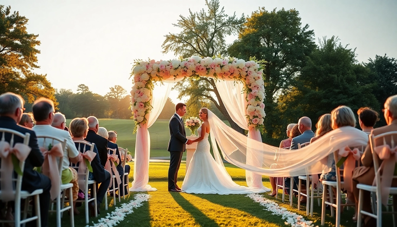 Clarksburg wedding setup with a floral arch and golden hour lighting.