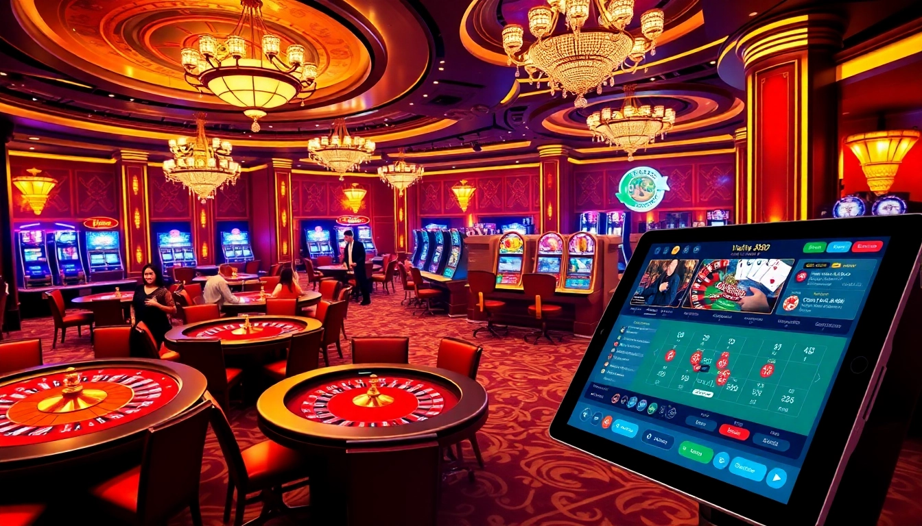Experience the thrill of Vua99 with players engaging at casino tables and vibrant slot machines.