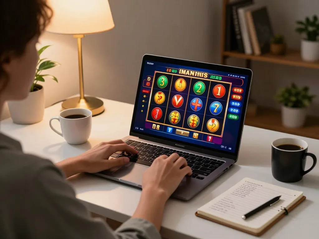 Engaging gameplay on เว็บตรงสล็อต with vibrant slot reels aligning for a win in a cozy home setting.