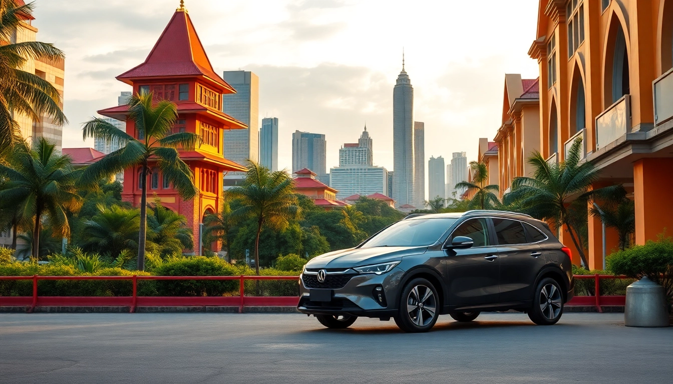 Discover kuching car hire in a stunning urban landscape showcasing modern vehicles against picturesque Kuching, Malaysia.
