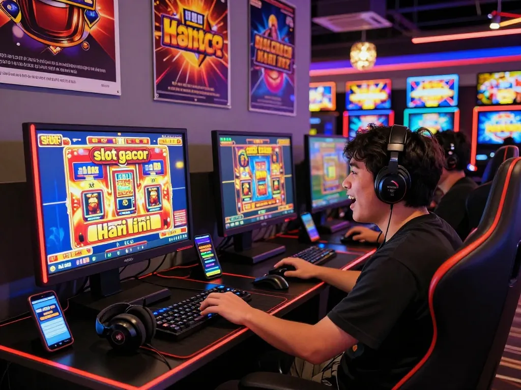 Lingkungan permainan daring yang menarik dengan 'slot gacor hari ini' ditampilkan di layar permainan slot yang berwarna-warni, menangkap keseruan permainan.