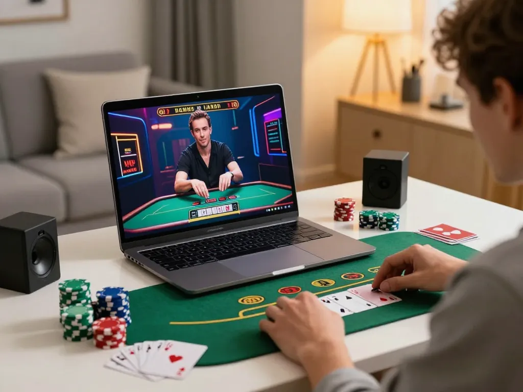 Player enjoying live blackjack on their laptop while betting responsibly at home, showcasing tv88 gaming.