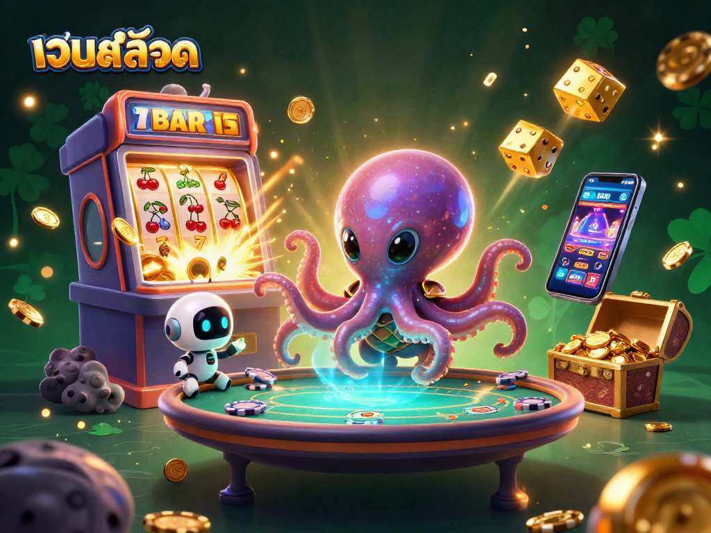 Win big with เว็บสล็อต at this vibrant 3D casino scene featuring alien characters and dynamic elements.