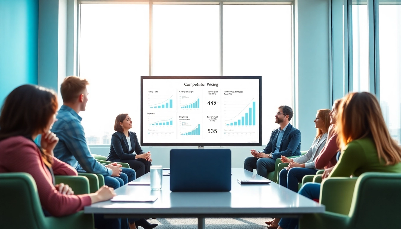 Analyze competitor pricing strategies among professionals in a modern conference setting.