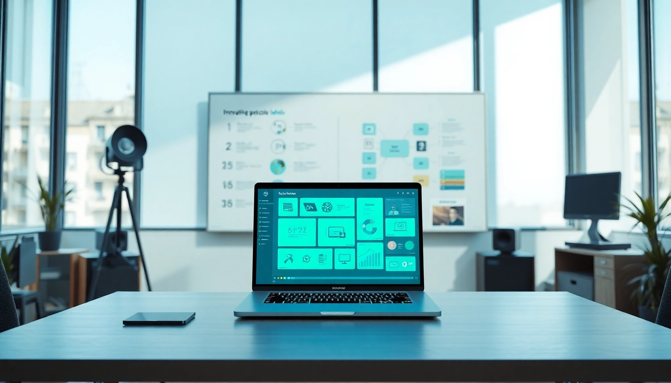 Showcase ai tools in a modern workspace with a high-tech laptop and brainstorming board.