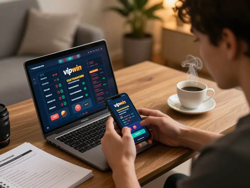 Engaging user playing on Vipwin casino app on smartphone in a modern home office.
