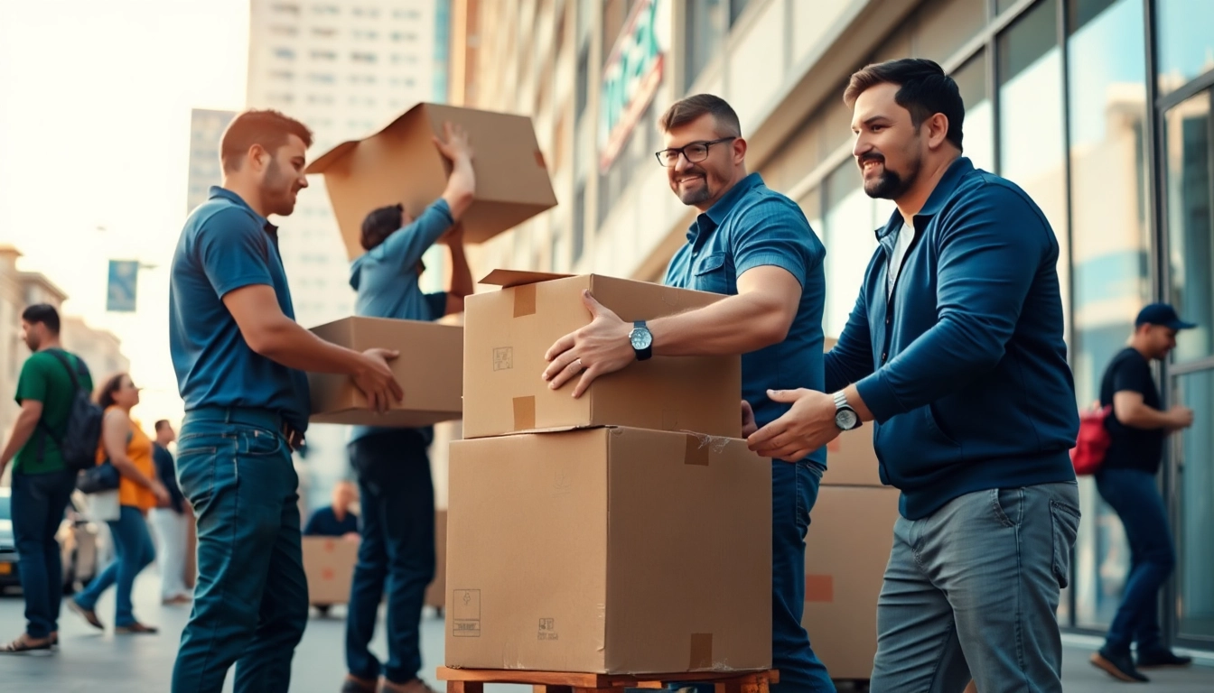 Efficient moving services edmonton depicted with professional movers packing items in an urban setting.