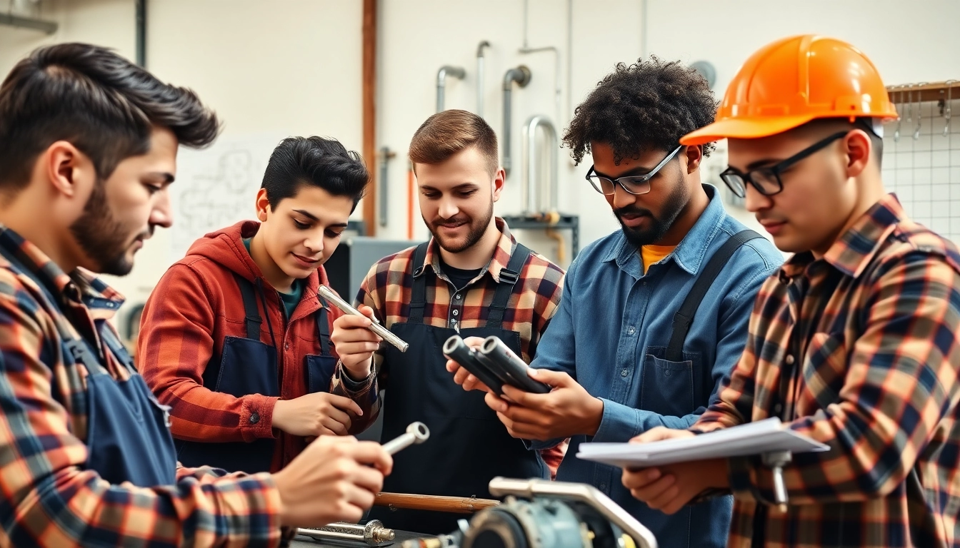 Engaging plumbing apprenticeship training scene showcasing diverse apprentices working collaboratively.