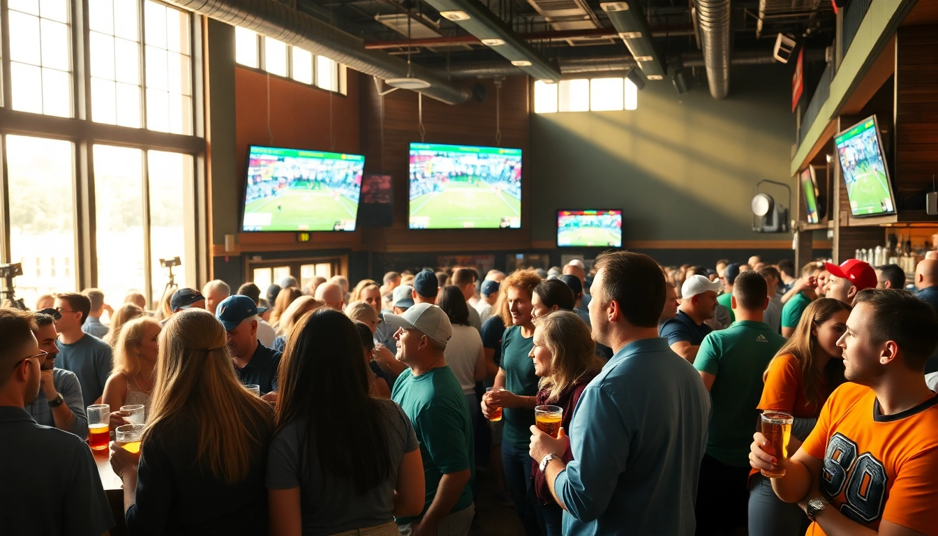 Engaging scene of sports betting in California, showcasing excited patrons in a lively sports bar.