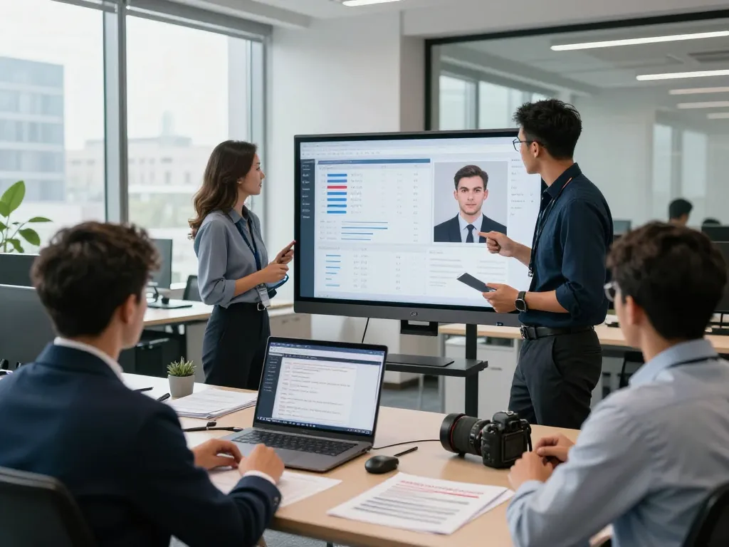 AI Voice Fraud In Banking experts analyzing data and trends in a modern office setting