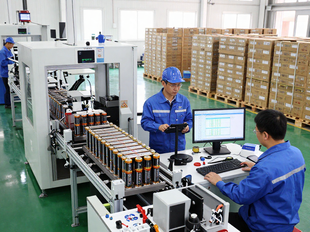Manufacturing facility showcasing private label lithium battery manufacturer with engineers and advanced machinery.