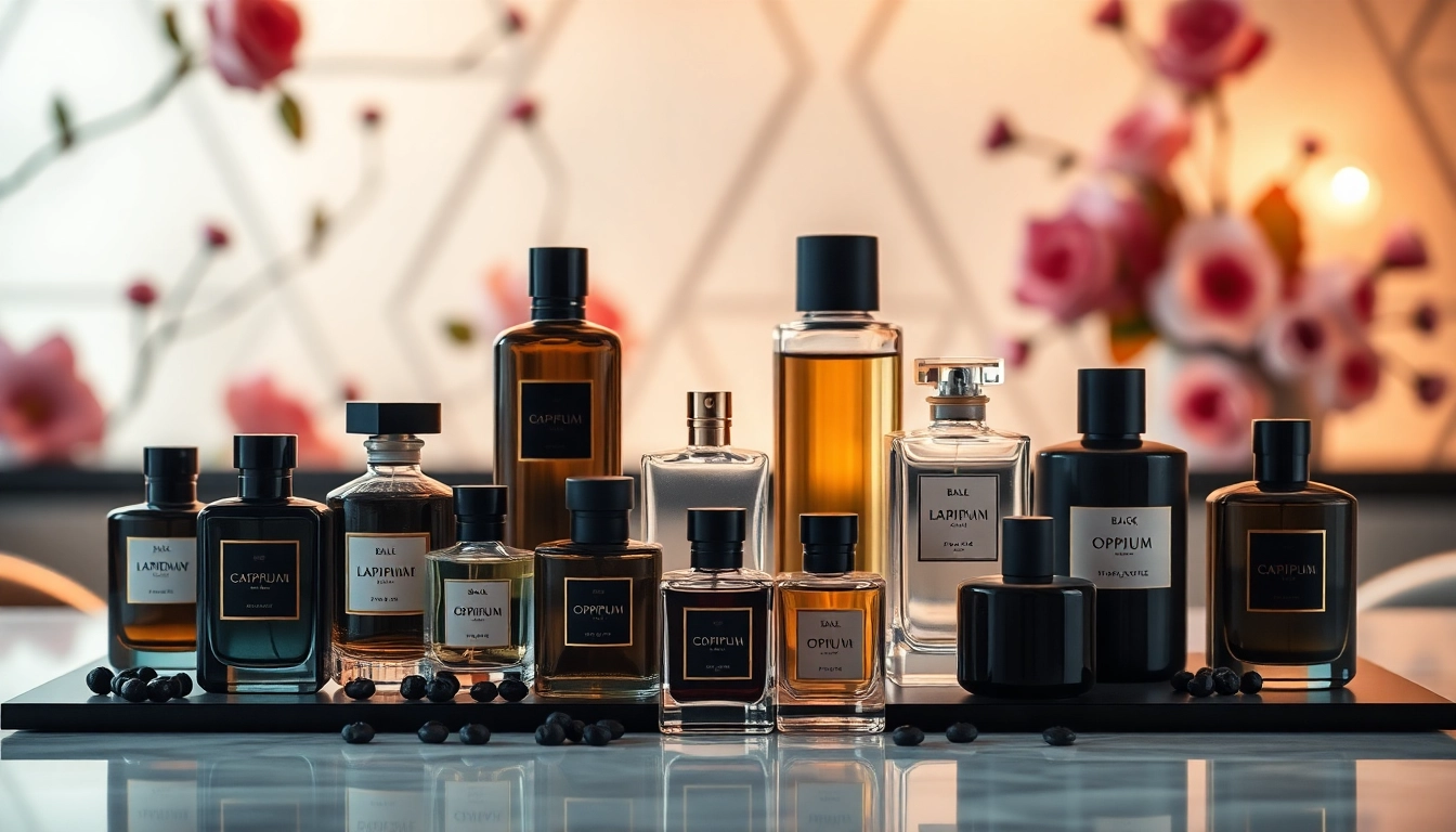 Showcase of perfumes resembling Black opium alternative in an elegant setting with luxurious lighting.