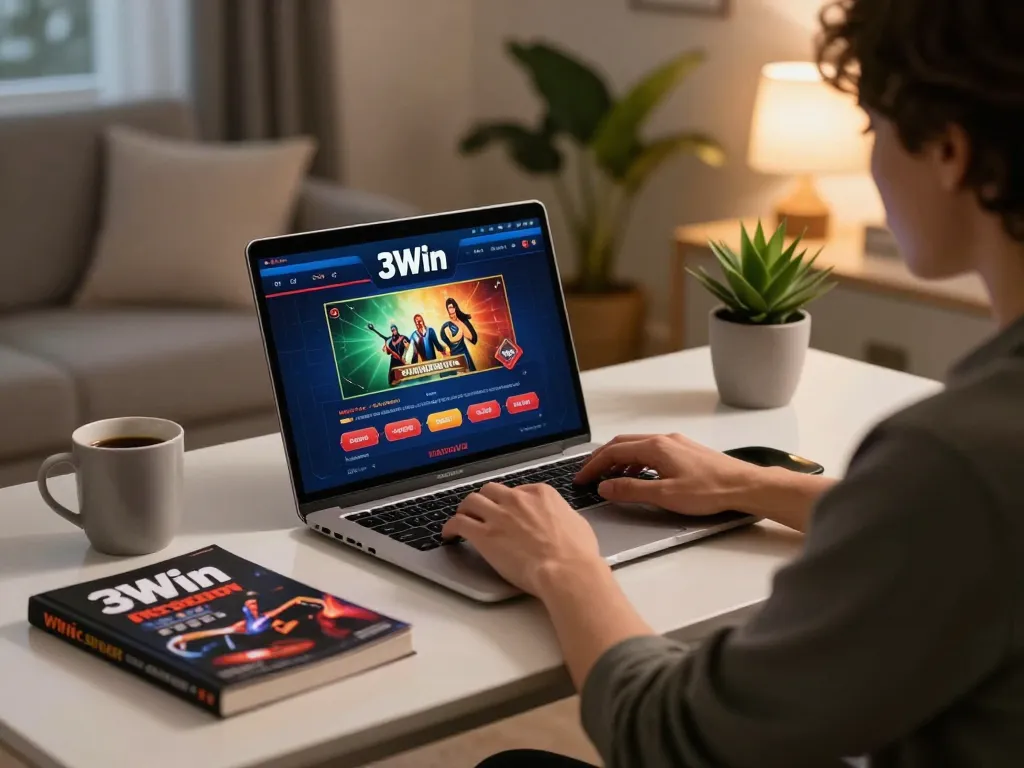 3Win player engaging with online games on a laptop in a cozy home setting, highlighting strategy and comfort.