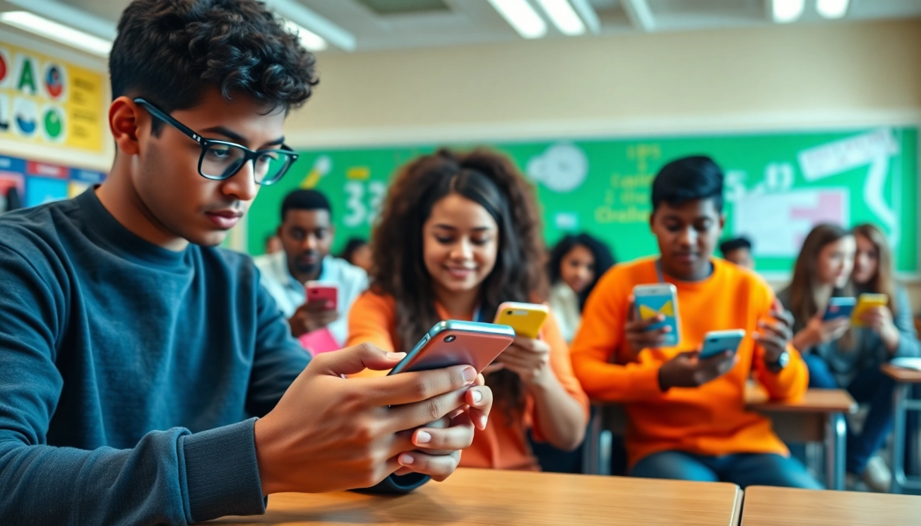 Students using smartphone solution in school life collaboratively in a bright classroom.