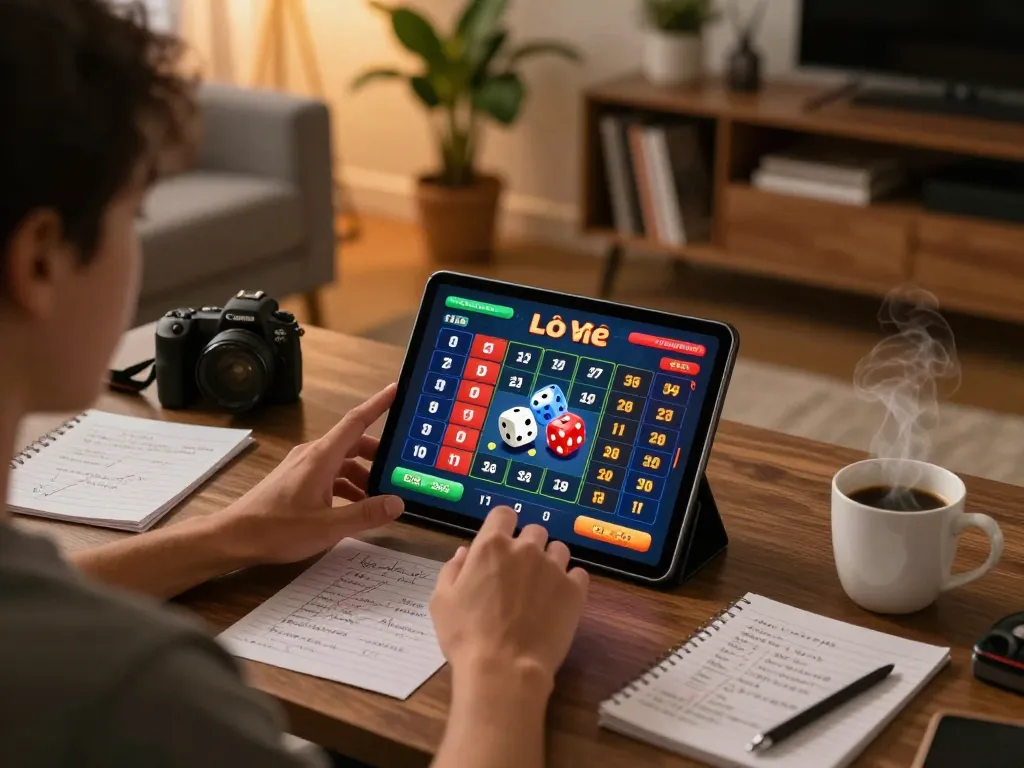 Lô đề online gaming session featuring a player focused on their tablet with notes and strategies visible.
