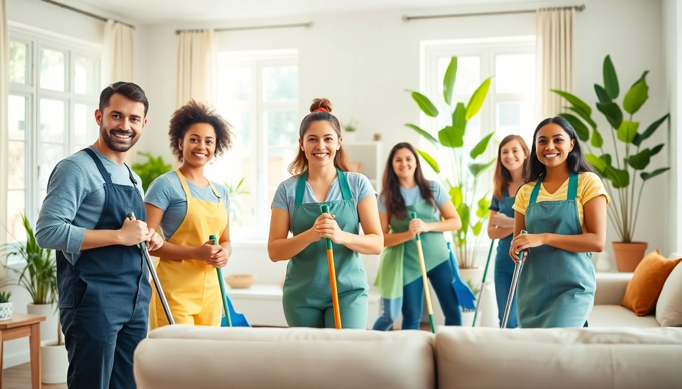 Cleaning service team working to transform a bright living room space.