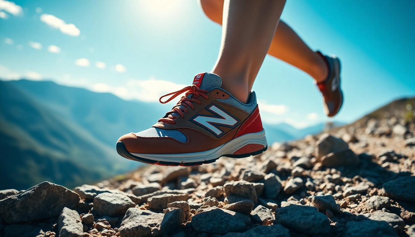 Atleta en movimiento con calzado new balance 410 en un sendero rocoso, disfrutando de la naturaleza.