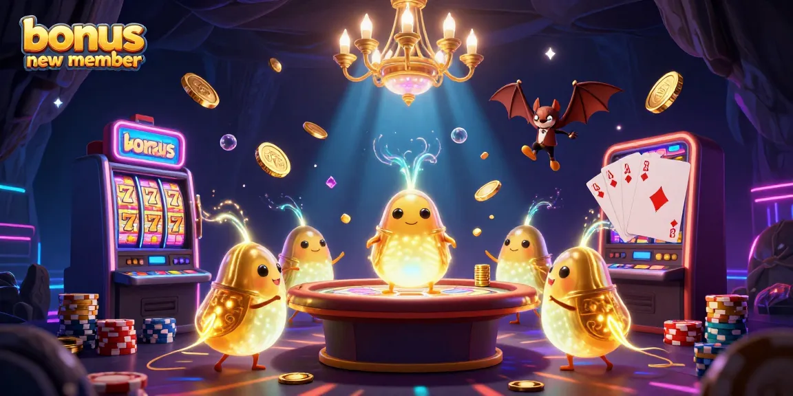 Engage with the bonus new member offer while enjoying a vibrant casino scene filled with sparkling gems and coins.