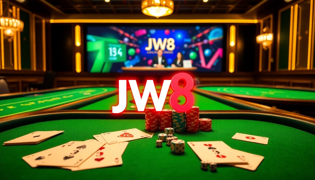 JW8 players engaging at a vibrant casino table with cards and chips.