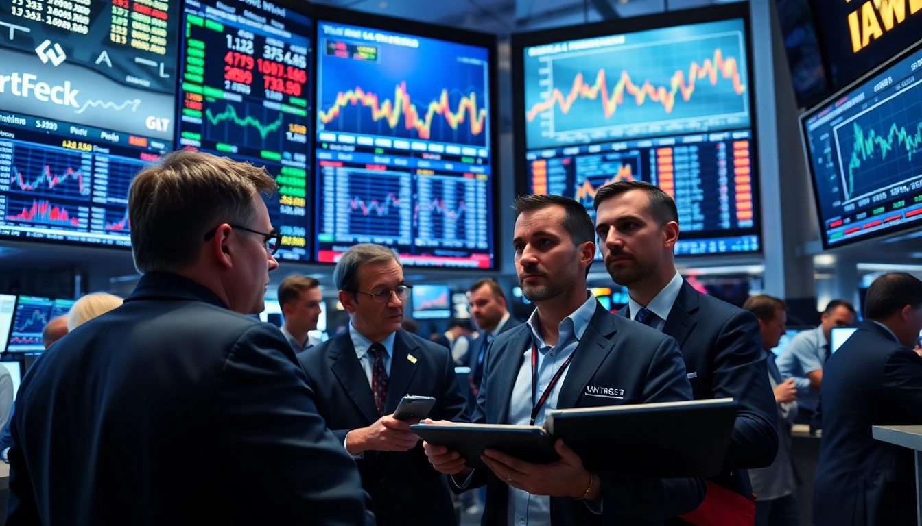 Action-oriented scene of ore brokers trading on a busy floor, highlighting dynamic market activity.