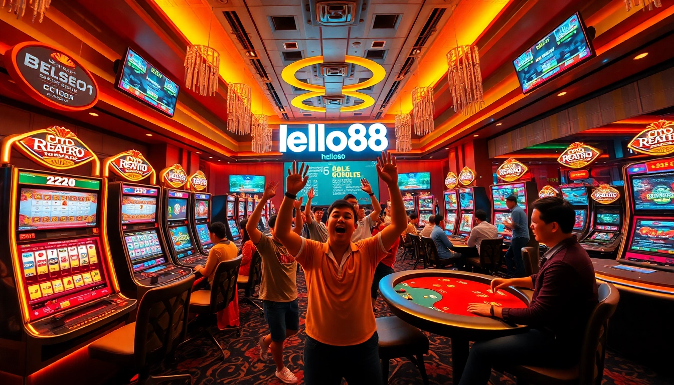 Hello88 online betting excitement with vibrant casino scenes and engaged players.