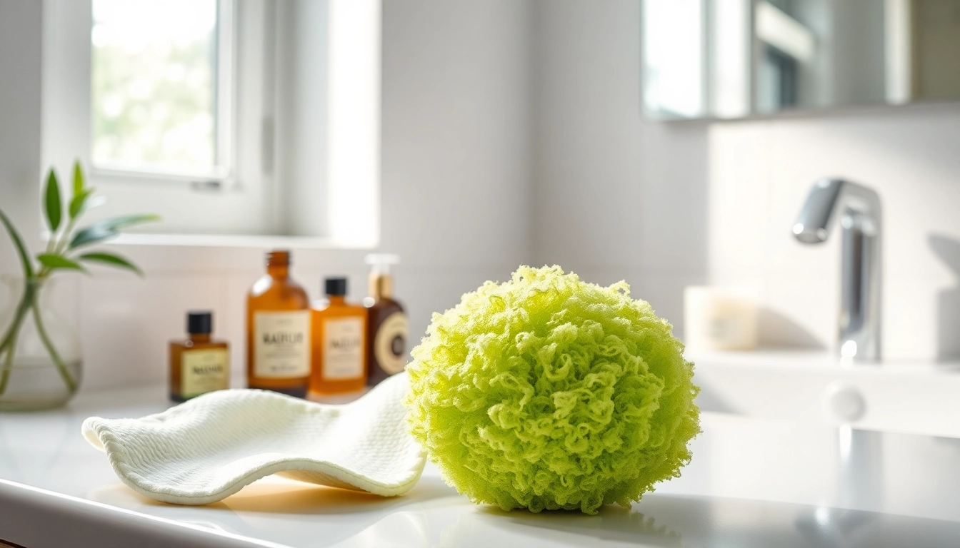 Clean makeup remover loofah alongside organic skincare products on a bright bathroom counter.