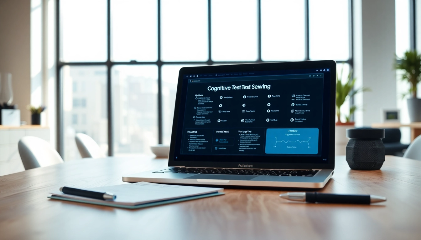 Cognitive test displayed on a laptop in a modern office, emphasizing focus and professional assessment.
