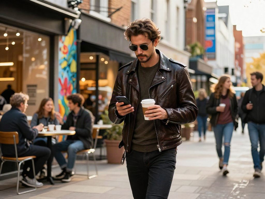Stylish individual in men's leather jackets walking confidently in an urban setting