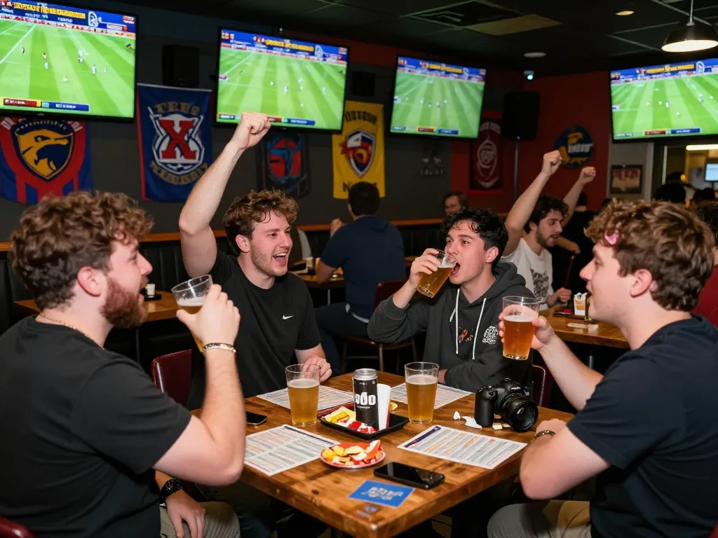 KQBD sports betting excitement with friends cheering at a vibrant sports bar during live matches.