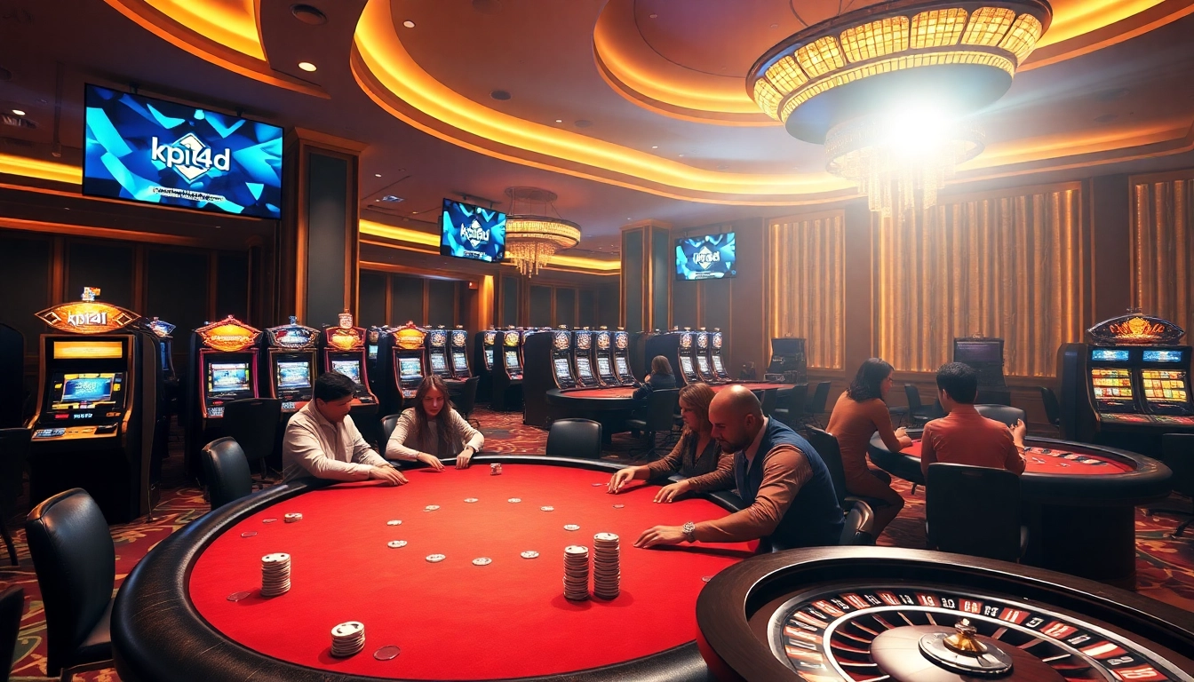 Kpi4d vibrant casino scene showcasing poker players at a table, with high-stakes chips and slot machines.