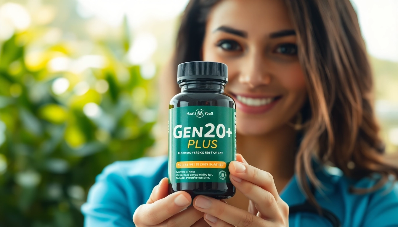 Engaging view of a wellness expert promoting GenF20 Plus supplement with natural ambiance.