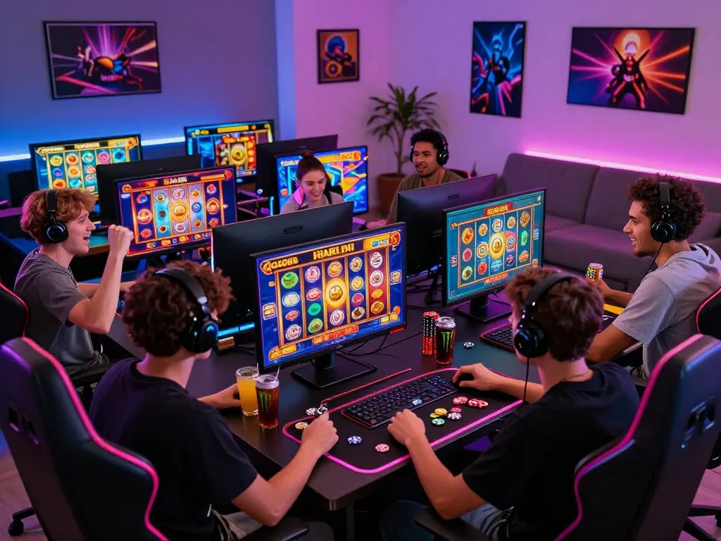 Suasana permainan online yang mendebarkan dengan para pemain merayakan saat bermain slot gacor hari ini di beberapa layar yang dipenuhi grafis yang cerah.