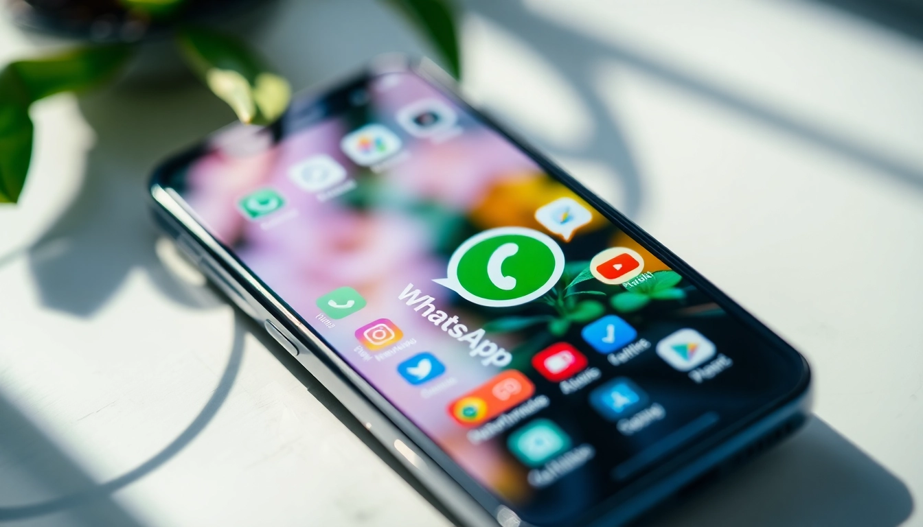 Smartphone showcasing GB WhatsApp APK features with vibrant themes.