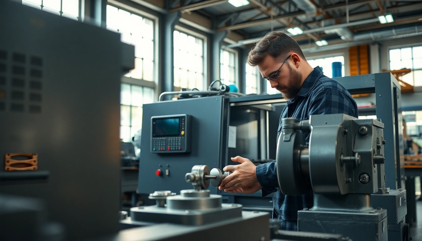 Custom part manufacturer showcasing precision machining on a CNC lathe in a bright workshop.