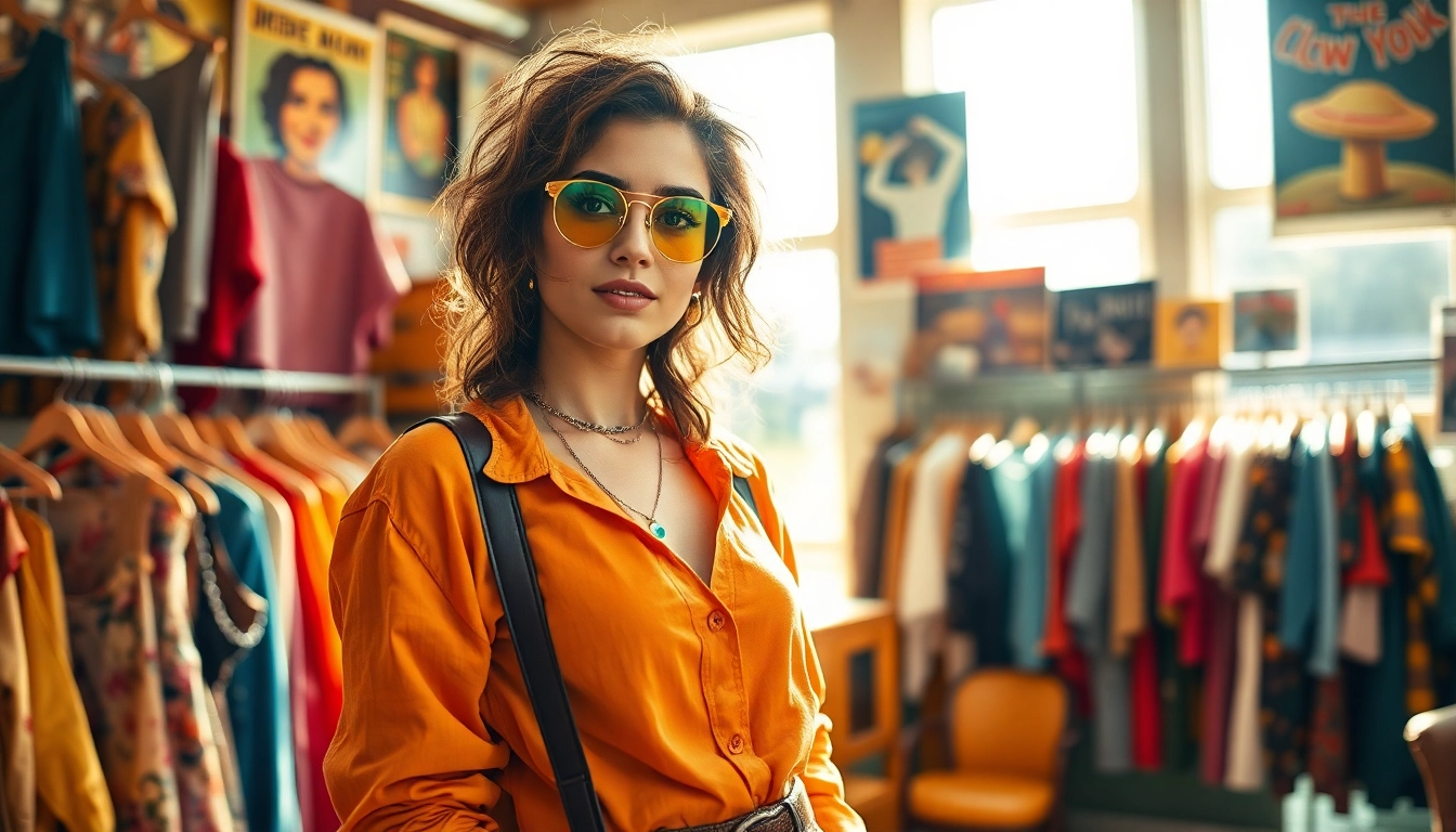 Shop sustainable fashion finds at https://thrift-vintage.com with a stylish model in a vintage setting.